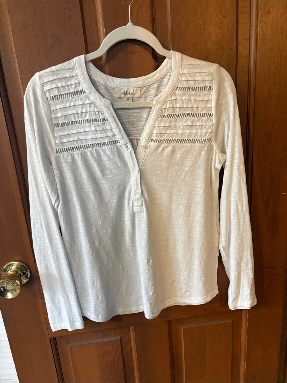Style & Co. White Crochet Yoke Henley Long Sleeve Top